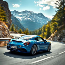 A sleek, modern Alpine A110 sports car zooming through a winding mountain road, surrounded by majestic alpine scenery with snow-capped peaks and lush green forests