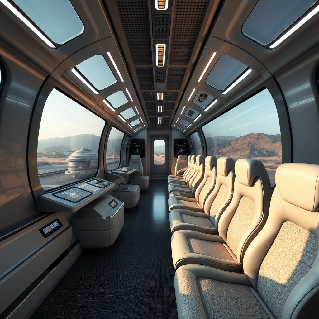 The interior of a futuristic cyber train featuring luxury seating and large panoramic windows