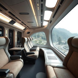 The interior of a futuristic cyber train featuring luxury seating and large panoramic windows