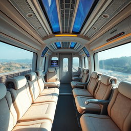 The interior of a futuristic cyber train featuring luxury seating and large panoramic windows