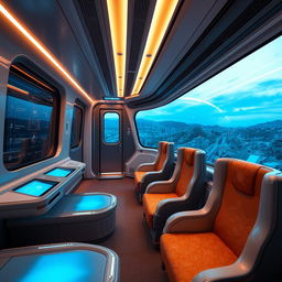 The interior of a futuristic cyber train featuring luxury seating and large panoramic windows