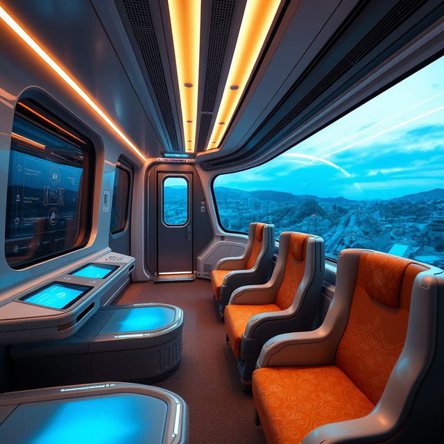 The interior of a futuristic cyber train featuring luxury seating and large panoramic windows