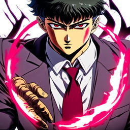 Anime profile picture featuring Guts from 'Berserk' in a tailored suit with an epic circle border of vibrant colors.