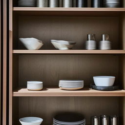 A beautifully designed crockery unit showcasing shiny plates, bowls, and glasses, all neatly arranged on polished, wooden shelves.