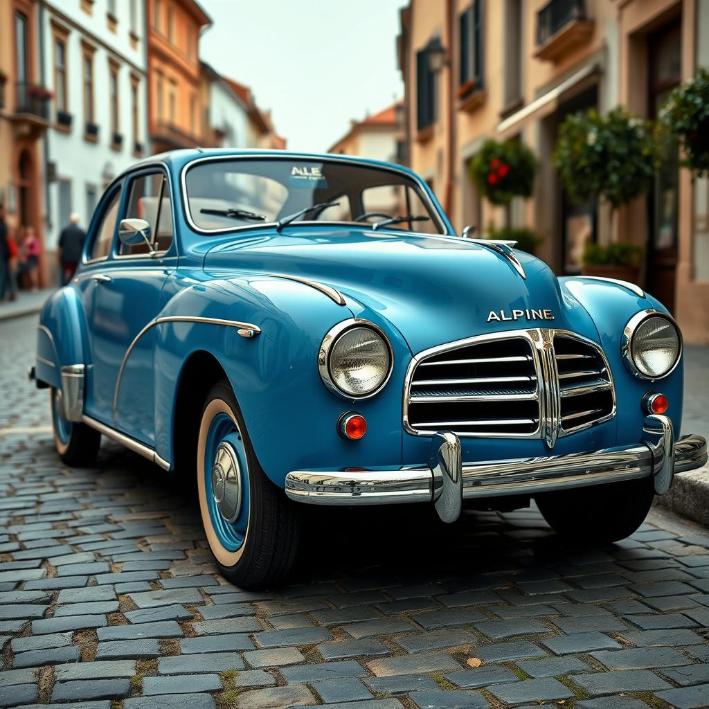 A classic Alpine old-timer, beautifully restored and parked along a vintage-styled street