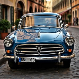 A classic Alpine old-timer, beautifully restored and parked along a vintage-styled street