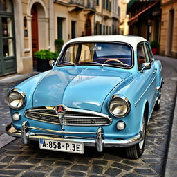 A classic Alpine old-timer, beautifully restored and parked along a vintage-styled street