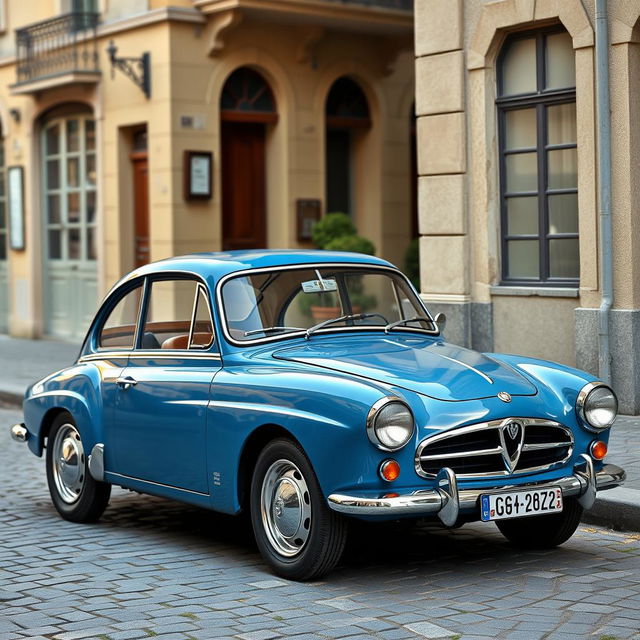 A classic Alpine old-timer, beautifully restored and parked along a vintage-styled street