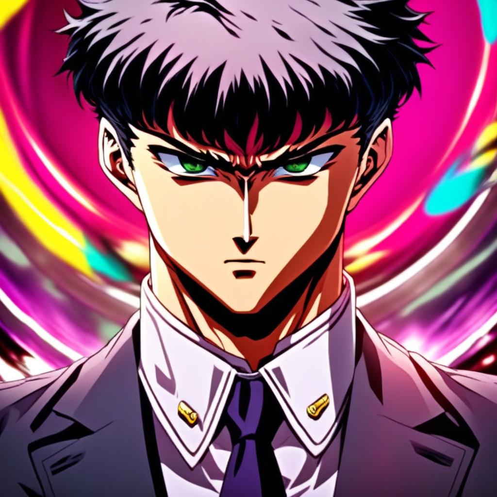 Anime profile picture featuring Guts from 'Berserk' in a tailored suit with an epic circle border of vibrant colors.