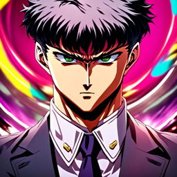 Anime profile picture featuring Guts from 'Berserk' in a tailored suit with an epic circle border of vibrant colors.