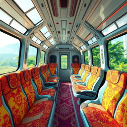 The interior of a futuristic cyber train designed in an anime cartoon style, featuring luxury seating and large windows