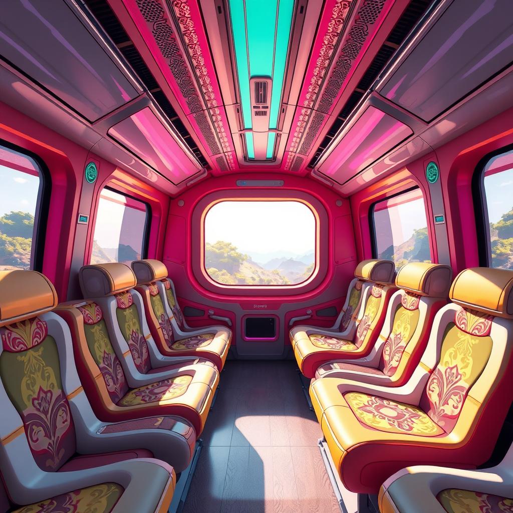 The interior of a futuristic cyber train designed in an anime cartoon style, featuring luxury seating and large windows