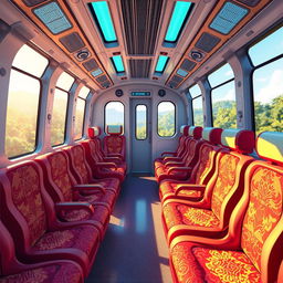 The interior of a futuristic cyber train designed in an anime cartoon style, featuring luxury seating and large windows