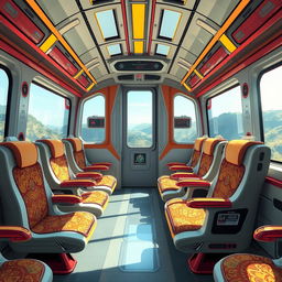 The interior of a futuristic cyber train designed in an anime cartoon style, featuring luxury seating and large windows