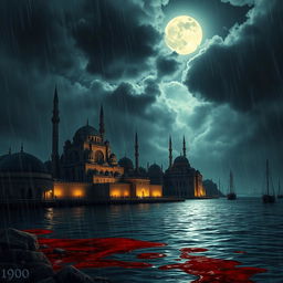 A dramatic depiction of Alexandria, Egypt in the year 1700, featuring a nighttime scene by the sea