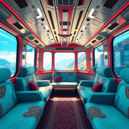 The interior of a futuristic cyber train in an anime cartoon style, featuring a large cabin with luxury sofa seating and expansive windows