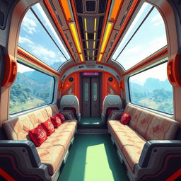 The interior of a futuristic cyber train in an anime cartoon style, featuring a large cabin with luxury sofa seating and expansive windows