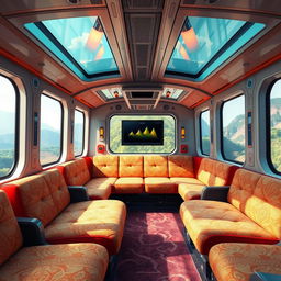 The interior of a futuristic cyber train in an anime cartoon style, featuring a large cabin with luxury sofa seating and expansive windows