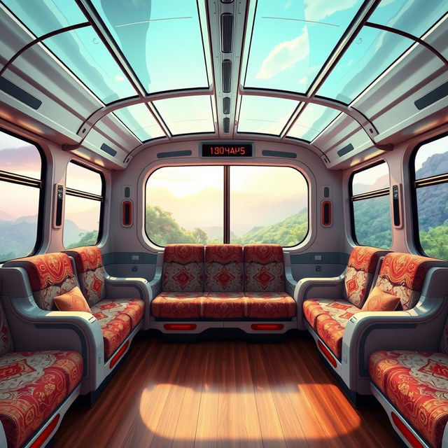 The interior of a futuristic cyber train in an anime cartoon style, featuring a large cabin with luxury sofa seating and expansive windows