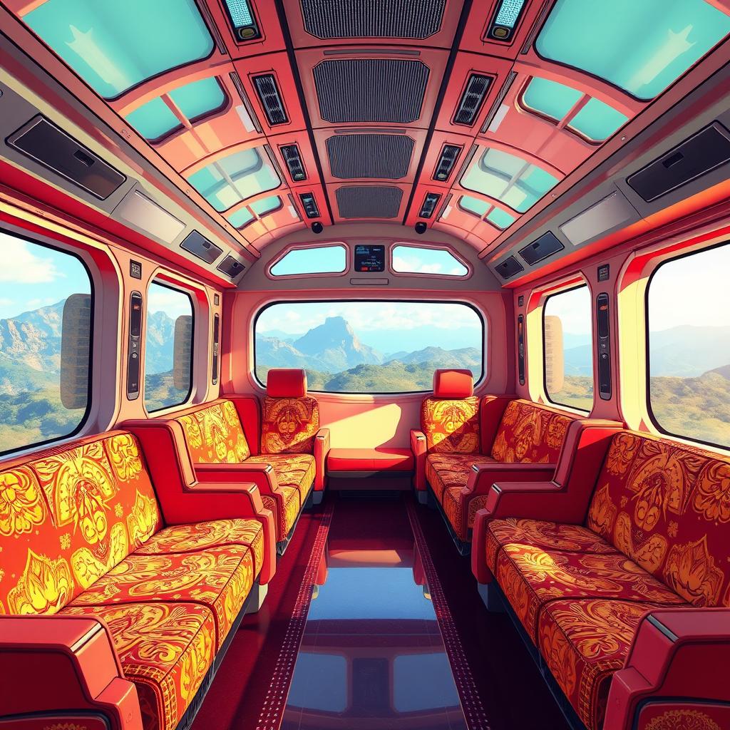 The spacious interior of a futuristic cyber train designed in an anime cartoon style, features luxury wide sofa seating and big panoramic windows