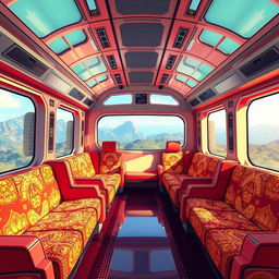 The spacious interior of a futuristic cyber train designed in an anime cartoon style, features luxury wide sofa seating and big panoramic windows