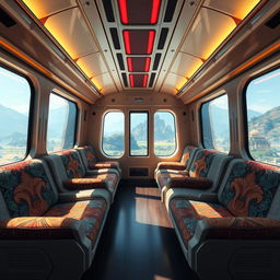 The spacious interior of a futuristic cyber train designed in an anime cartoon style, features luxury wide sofa seating and big panoramic windows