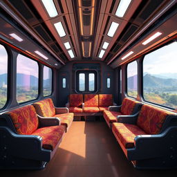 The spacious interior of a futuristic cyber train designed in an anime cartoon style, features luxury wide sofa seating and big panoramic windows