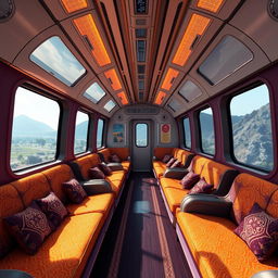 The spacious interior of a futuristic cyber train designed in an anime cartoon style, features luxury wide sofa seating and big panoramic windows