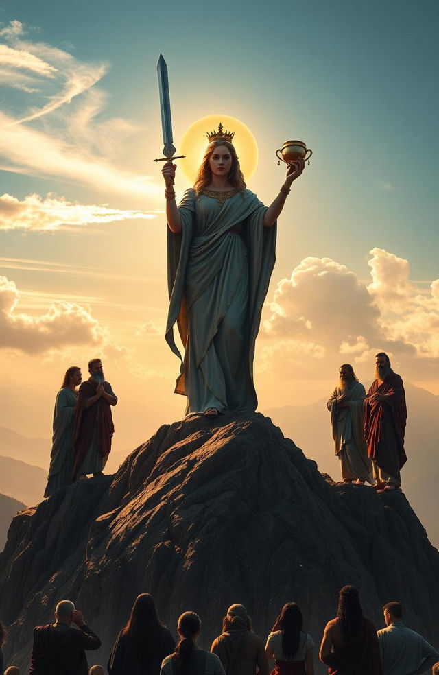 A majestic ancient female goddess stands atop a towering mountain, holding a gleaming sword in her right hand and a middle-ages cup in her left