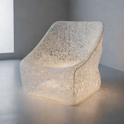 A chair uniquely manifested from the 4th dimension. It bears intricate designs and floats in an abstract space, emanating a soft, mysterious glow.