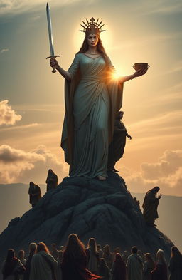 A majestic ancient female goddess stands atop a towering mountain, holding a gleaming sword in her right hand and a middle-ages cup in her left