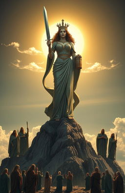 A majestic ancient female goddess stands atop a towering mountain, holding a gleaming sword in her right hand and a middle-ages cup in her left