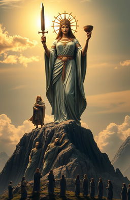 A majestic ancient female goddess stands atop a towering mountain, holding a gleaming sword in her right hand and a middle-ages cup in her left