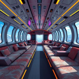 The expansive interior of a futuristic cyber ship, styled in an anime cartoon aesthetic