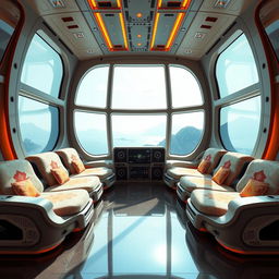 The expansive interior of a futuristic cyber ship, styled in an anime cartoon aesthetic