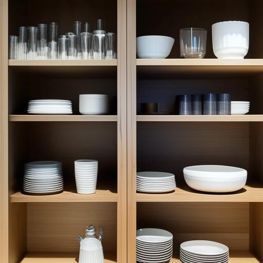 A beautifully designed crockery unit showcasing shiny plates, bowls, and glasses, all neatly arranged on polished, wooden shelves.