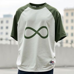 A stylish oversized baseball t-shirt featuring a large infinity symbol printed in army green color