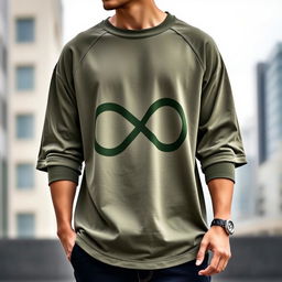 A stylish oversized baseball t-shirt featuring a large infinity symbol printed in army green color