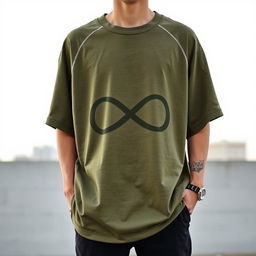 A stylish oversized baseball t-shirt featuring a large infinity symbol printed in army green color