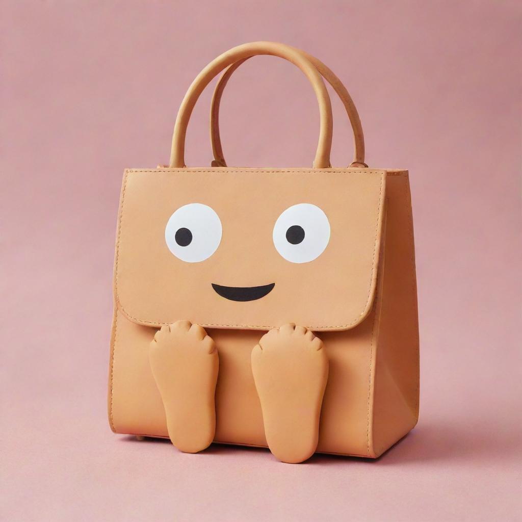 Illustrate an adorable handbag character with cartoon-like hands and feet, imbued with a playful and endearing vibe.