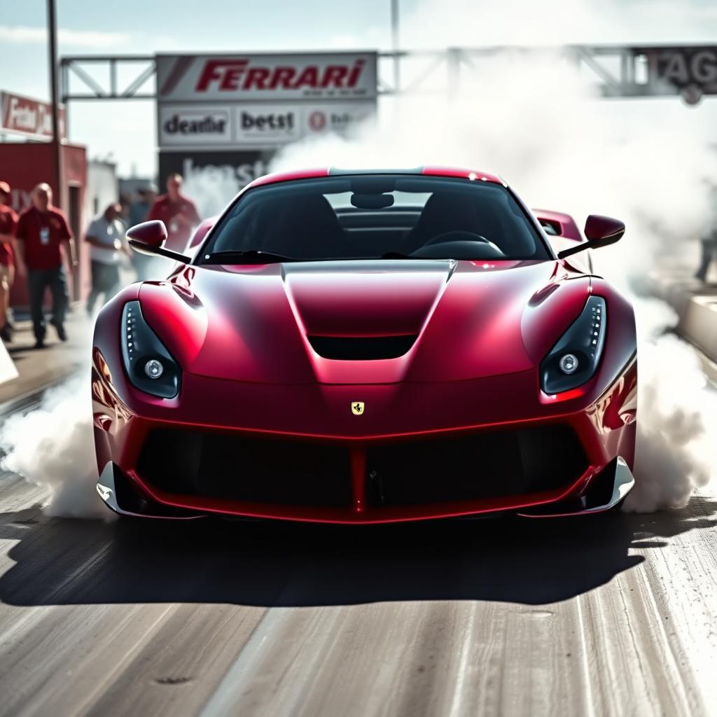 A powerful LaFerrari drag car at a drag strip, showcased from the front while performing an intense burnout