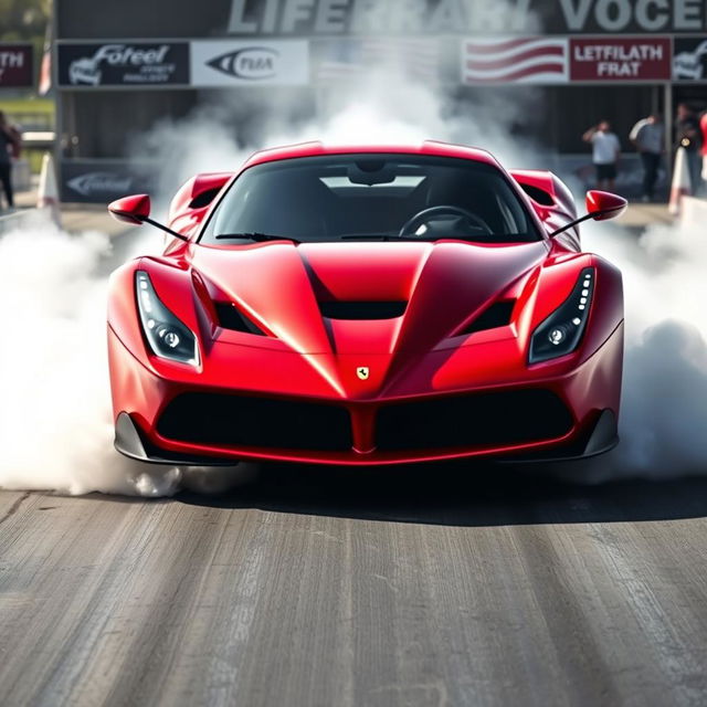 A powerful LaFerrari drag car at a drag strip, showcased from the front while performing an intense burnout