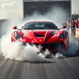 A powerful LaFerrari drag car at a drag strip, showcased from the front while performing an intense burnout