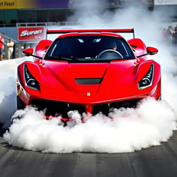 A powerful LaFerrari drag car at a drag strip, showcased from the front while performing an intense burnout