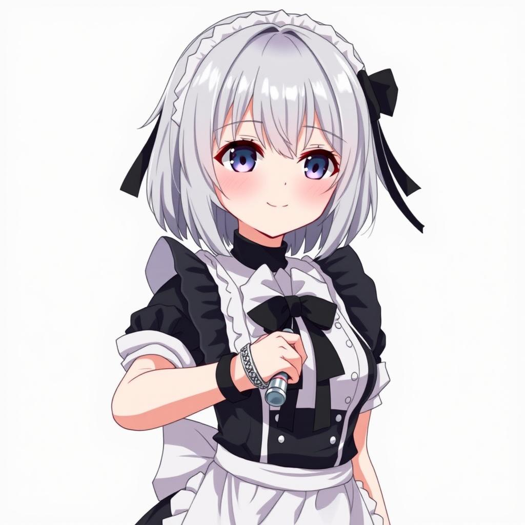 A young grey-haired maid with a Sirius-style black ribbon, exuding a protective and sweet demeanor as a yandere bodyguard