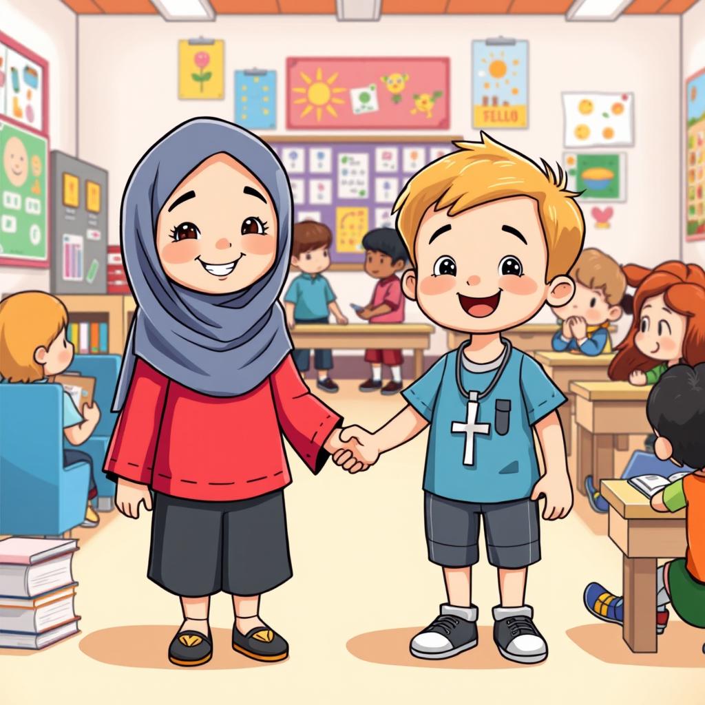 A heartwarming cartoon illustrating young Islamic and Christian children showing tolerance and friendship in an elementary school setting