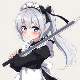 A young grey-haired maid with a Sirius-style black ribbon, exuding a protective and sweet demeanor as a yandere bodyguard