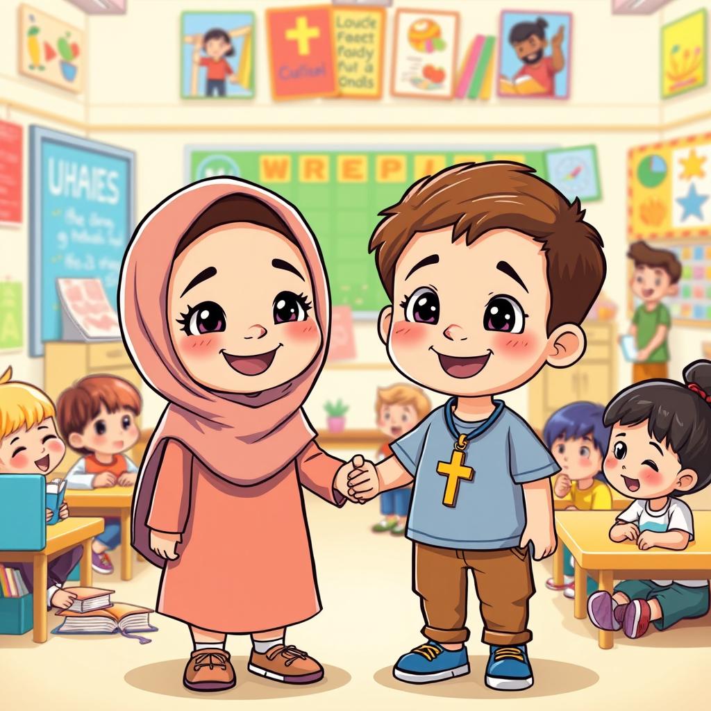 A heartwarming cartoon illustrating young Islamic and Christian children showing tolerance and friendship in an elementary school setting