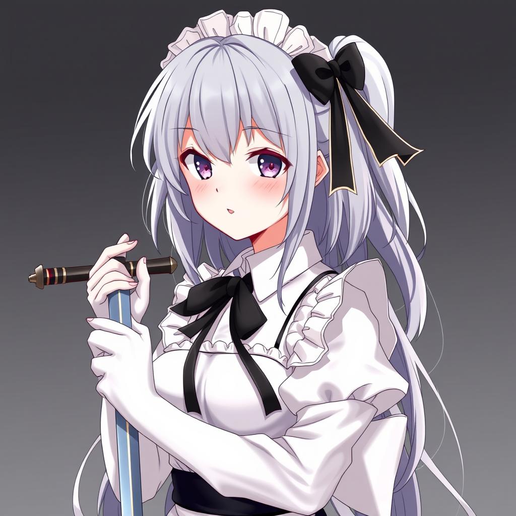 A young grey-haired maid with a Sirius-style black ribbon, exuding a protective and sweet demeanor as a yandere bodyguard