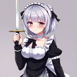 A young grey-haired maid with a Sirius-style black ribbon, exuding a protective and sweet demeanor as a yandere bodyguard